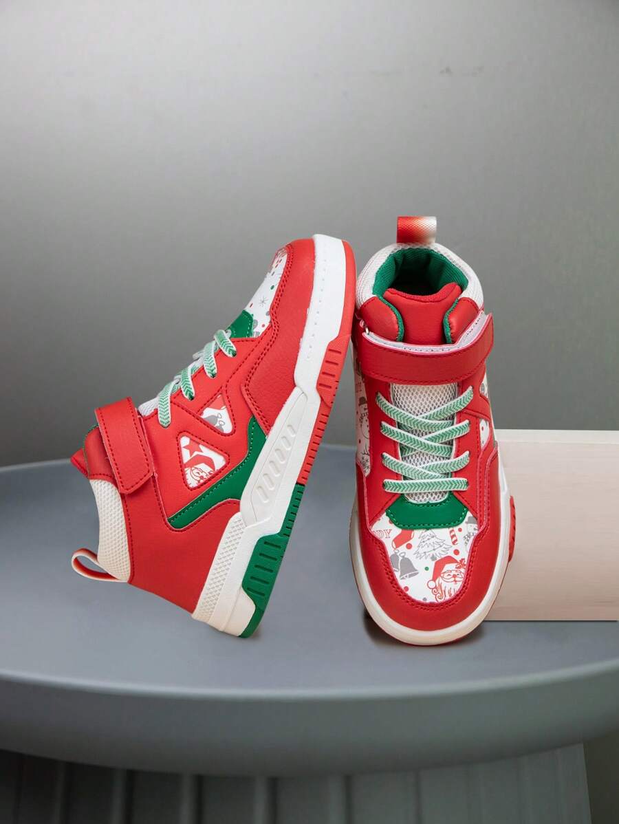 1 Paar Kinder High Top Sneaker, PU Leder Sportschuh, Indoor Outdoor Lässig Laufschuh, leicht an- und ausziehbar mit Klettverschluss, leicht, rutschfest, atmungsaktiv, bequem, modischer unisex Retro Stil - Rot - Übersicht 1