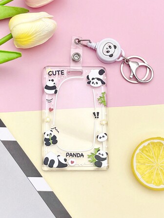 1 Pc Cute Cartoon Panda And Rabbit Pattern Card Holder Transparent Double-Sided Bank Card And Credit Card Box Photo Business Card Multifunctional Protective Cover For Women Wallet Keychain Card Wallet