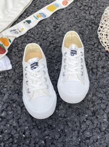 White Canvas Shoes, Toddler Mid-Top Basketball Shoes, Children's Casual Canvas Sneakers, Korean Style, Simple Design, Suitable For Boys & Girls, Spring/Autumn, Low-Top Lace-Up Vulcanized Shoes, Classic Low-Top Canvas Shoes, Fashionable & Versatile Casual Sports Skateboarding Shoes For Kids - White - View 2