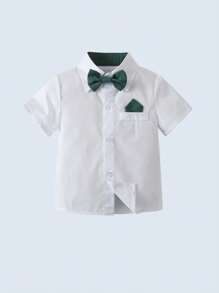 BOARNSEORL 2pcs Young Boys Gentleman Outfit - White Short Sleeve Shirt With Bowknot And Green Suspender Pants, Fashionable And Suitable For Birthday Party, Outdoor Wedding, And Page Boy Attire - Green - View 5