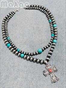 令人惊叹的复古基督教吊坠西部乡村项链，双层设计，春季风格，适合日常佩戴