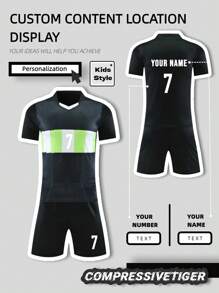 2 piezas Conjunto deportivo personalizado para niño - Camiseta de rayas de manga corta con estampado personalizado de nombre y número + Pantalones cortos a juego de secado rápido y absorción de sudor como regalo