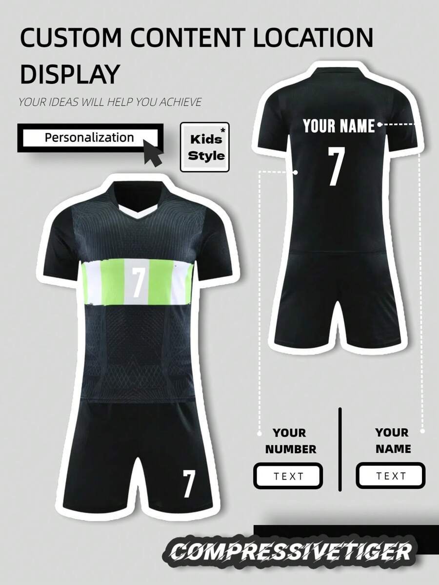 2 piezas Conjunto deportivo personalizado para niño - Camiseta de rayas de manga corta con estampado personalizado de nombre y número + Pantalones cortos a juego de secado rápido y absorción de sudor como regalo