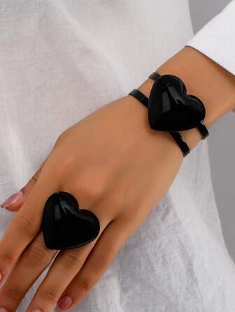 1 set minimalistisk geometrisk 3D-hjärta svart armring, ring smyckesset, present för kvinnor