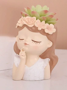 1PC Fairy Flower Pot Cute Cartoon Little Girl Light Luxury High-End Feeling, Personalized Creative Shape Fleshy Flower Pot, Human Face Makeup Brush Storage Tube Dressing Table Eye Shadow Eyebrow Brush Pen Holder