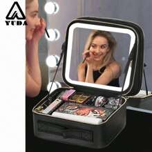 YUDA YUDA Bolsa de maquillaje para viaje con espejo, gran capacidad, caja de almacenamiento de cosméticos, bolsa de maquillaje portátil para viaje con espejo con luz LED, accesorios de maquillaje para bolsa de almacenamiento de viaje, bolsa de maquillaje, bolsa de cosméticos, organizador de vacaciones, organizador de maquillaje de gran capacidad, estuche de maquillaje, para lápiz labial, brochas, cuidado de la piel, teléfono móvil, monedas, artículos pequeños, para uso en el hogar, regalo, vacaciones y festivales de Halloween, Navidad, multiusos