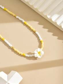 1pc Vacation Style Soft Clay Flower & Bead Strand Necklace - Blue - View 8