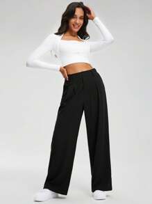 A AGROSTE Women's Wide Leg Pants, Waffle Knit Pants, Elastic High Waisted Casual Slacks, Work Business Palazzo Trousers With Pockets - 黑色 - 查看 6