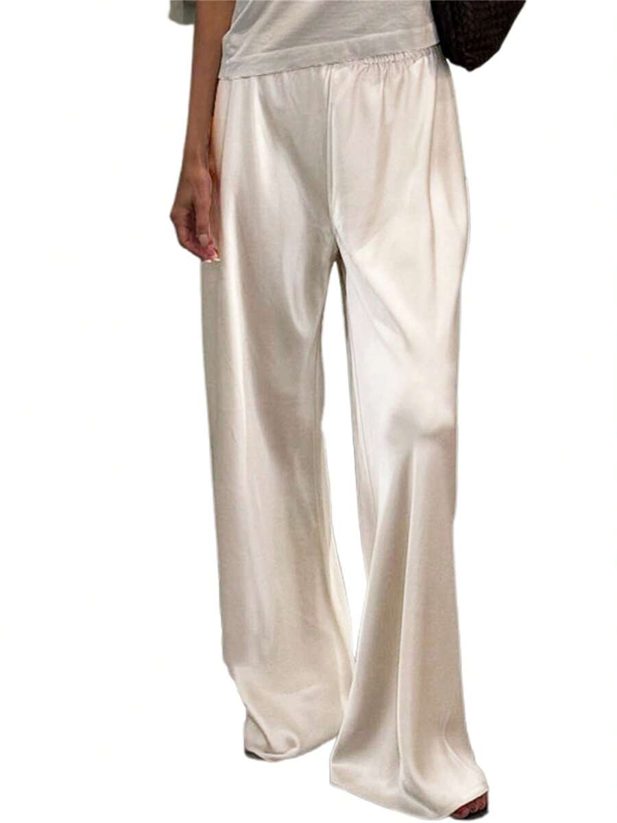 Women's Casual Wide Leg Dress Pants Elastic Waist Solid Color Satin Pants Work Trousers - 杏色 - 查看 1