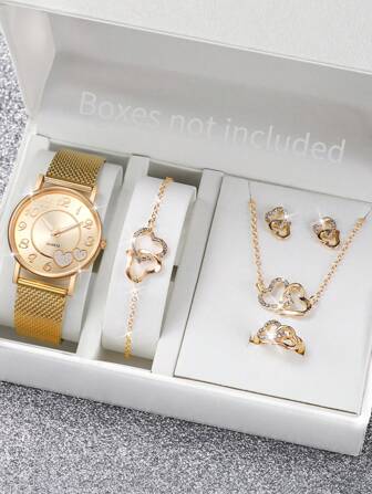 6 Stücke/Set Elegante Damen Quarzarmbanduhr mit Herz Zifferblatt + Herz-förmiger Schmuck, ohne Uhrenetui
