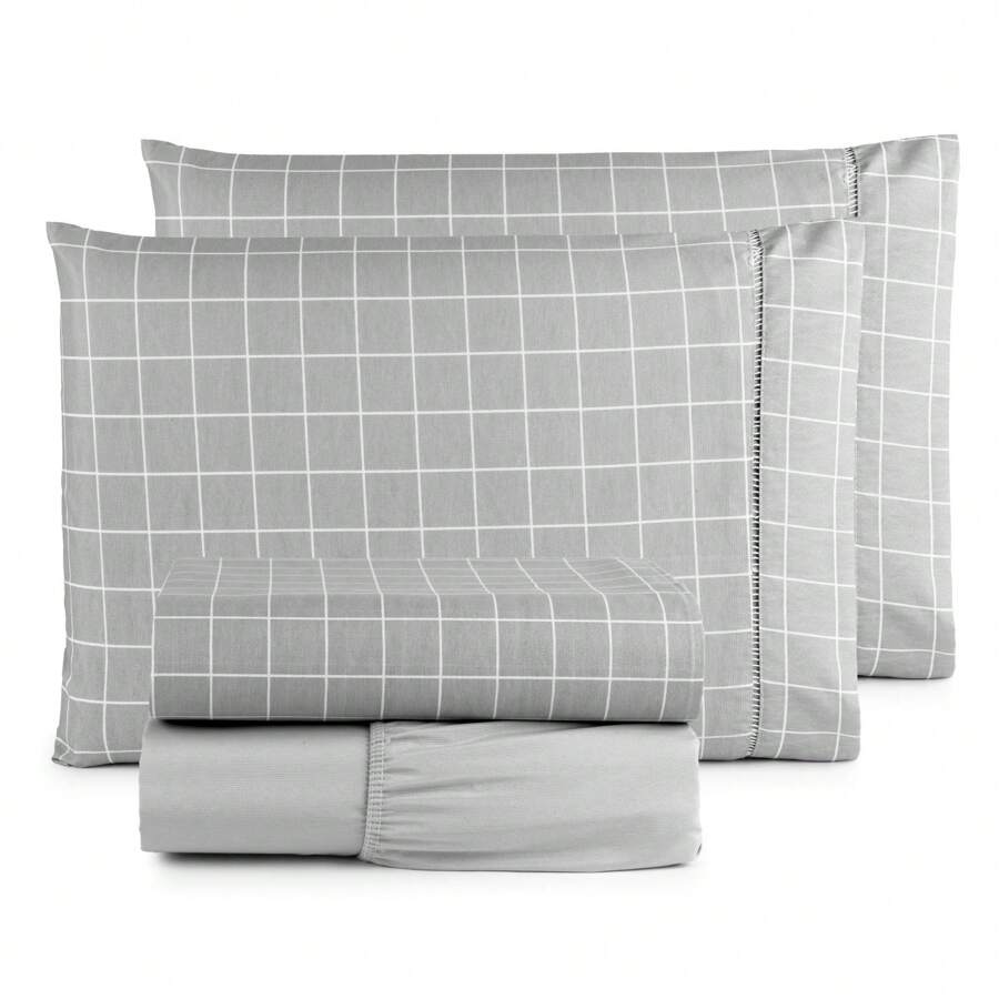 Printed Bed Sheet Set 4 Pieces 100% COTTON Single Double Queen King Palito Stitch - 灰色網格 - 查看 1