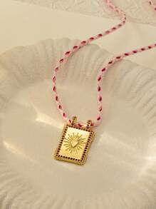 1 件铜锆石心形塔罗牌吊坠项链登山扣小盒吊坠项链女式可叠戴项链套装粉色水晶项链