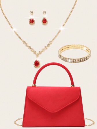 水钻首饰套装 闪亮项链 耳环 手链套装 婚礼手拿包 女士包 晚宴包 手拿包 婚礼派对 新娘包 天鹅绒信封女士晚宴包 舞会手提包（带可拆卸链条） 婚礼和派对用 女士单肩包 女士手拿包 派对手提包 婚礼包