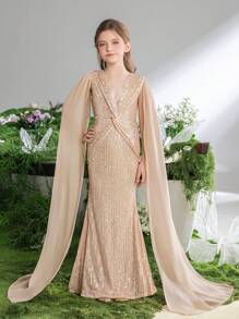 Tween-Mädchen Langes Chiffon-Maxi-Partykleid mit Laternenärmeln, V-Ausschnitt, Twist-Dekor, Fischschwanz und Paillettensaum