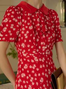 Simple Retro Women's Spring And Summer Holiday Style Printing Red Bottom White Small Flowers Elegant Medium-Length Shirt Collar Dresses - Red - View 8