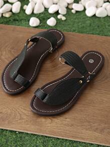 女士时尚平底系带凉鞋，金属圆形拼接设计，纹理平底拖鞋，适合海滩、户外、休闲度假，有黑色和棕色可选 - 黑色 - 查看 6