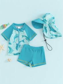 Baby Kids Girls Boys Rash Guard Set, Short Sleeve Shark Dolphin Print Top With Shorts Hat Swimsuit Summer Swimwear - Sky Blue - View 4