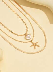 3 件套海滩风格海星和贝壳装饰多层金色金属链项链，时尚扁平蛇链项链，适合女士，适合日常佩戴和度假，是送给朋友的绝佳礼物