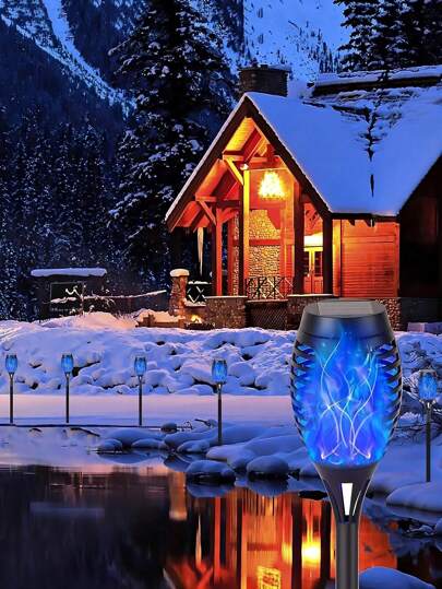 6/4/2/1pcs Solar Powered 12 LED Flame Torch Lights, With Flickering Flame, Solar Powered Tiki Torches - Auto On/Off, Great For Garden Paths And Outdoor Landscape Lighting, Patio And Yard Halloween Decor (Green) (Purple) (Blue) (Flame Color), Suitable For Various Holiday Decorations Like Thanksgiving And Easter