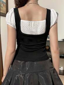 Women Y2k Fairycore Grunge Shirt Tops Short Sleeve Square Neck Fake Two-Piece T-Shirt  Slim Fit Cottagecore Going Out Crop Tees Tops Teen Girl Aesthetic Clothes - màu đen - Xem 2