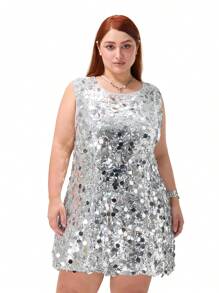 Women's Plus Size Sequin Dress Solid Color Sleeveless Round-Neck Mini Tank Dress For Summer Spring - 銀色 - 查看 2