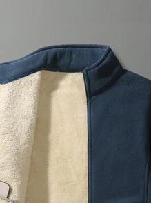 Men's New Autumn/Winter Fleece Sherpa Lined Thick Cardigan, Casual Stand Collar Plush Jacket - Blue - View 2