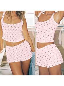 Women's Summer Lounge Set Sleeveless Bear/Heart/Cherry Print Cami Tops Shorts Sleepwear Sets - 粉色 - 查看 2