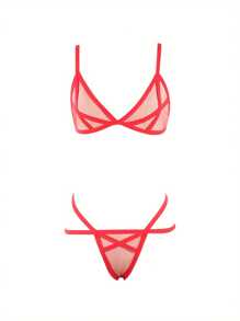 Womens Sexy Lingerie Two Piece Set Fashion Solid Color Mesh Yarn Bandage Bra And Low Waist Panty