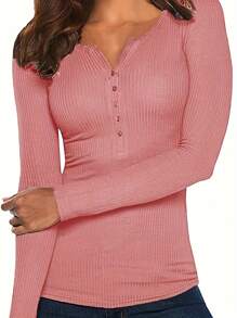 Women Spring T-Shirt, Solid Color Ribbed Henley Neck Long Sleeve Slim-Fitting Pullover For Girls, 7 Colors - Pink - View 3