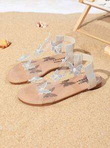 Girls Sandals For Summer, Butterfly Decor, Round Toe Flat Exposed Toe Princess Roman Shoes, Suitable For Outdoor, Shopping, Beach Travel