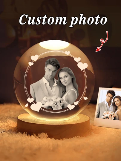 1 pieza Bola de cristal 3D personalizada con base de madera luminosa, foto 3D holográfica personalizada grabada dentro del cristal, con tu propia foto, bola de cristal con luz nocturna personalizada (adecuada para cumpleaños, regalo de boda, conmemoración, Día de la Madre, San Valentín, Navidad, personalizado, reunión familiar, regalo único)