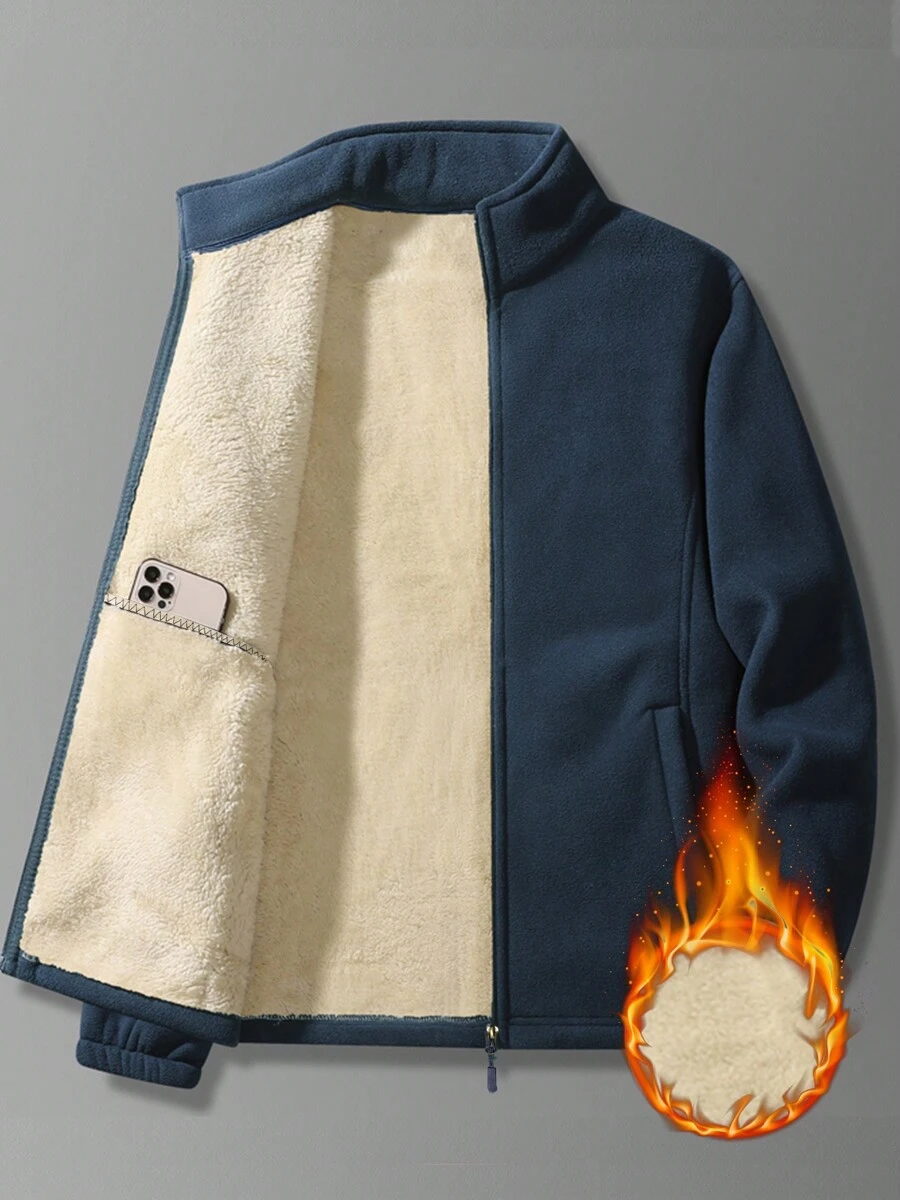 Men's New Autumn/Winter Fleece Sherpa Lined Thick Cardigan, Casual Stand Collar Plush Jacket - Blue - View 1