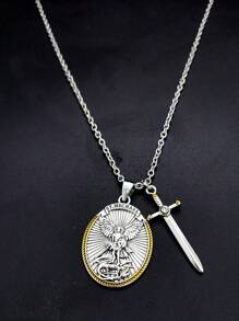 畅销骑士天使项链，带复古剑、盾牌、雕刻吊坠、合金材质、男女通用、绝佳礼物选择 - 復古銀色 - 查看 4