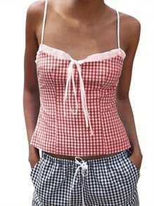 Women's Y2K Plaid Cami Tank Tops Gingham Spaghetti Strap Square Neck Tie-Up Front Camisole Crop Tops Sexy Backless Sleeveless Low Cut Vests Shirts Summer Going Out Tops Vintage Aesthetic Clothes Streetwear - 紅色 - 查看 3
