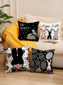 1 pièce/4 pièces Housse de coussin imprimée de lapin de Pâques, d'œuf, de fleurs et de lettres du printemps, en polyester, pour la décoration de la chambre, du salon 45x45cm (sans insert de coussin)