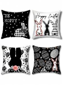 1 pièce/4 pièces Housse de coussin imprimée de lapin de Pâques, d'œuf, de fleurs et de lettres du printemps, en polyester, pour la décoration de la chambre, du salon 45x45cm (sans insert de coussin)