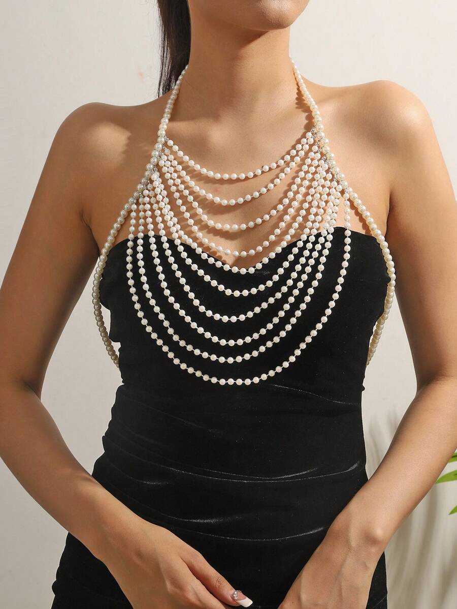 Elegante collar/cadena para los hombros hecho a mano multicapa de perlas (simuladas), versátil para fiestas, Top de bikini, ropa de playa y uso en todas las estaciones, longitud ajustable