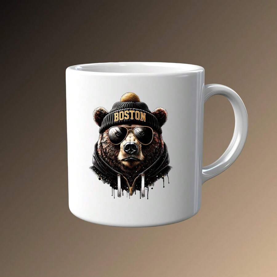 Cool Boston Bear Mascot Mug Sunglasses And Beanie State Hokey Team Mascot Mug - Valentine's Day, Birthday, Anniversary Stocking Gift, Gag Gift Idea For Dad Mom Friends Girlfriend Boyfriend - 白色 - 查看 1