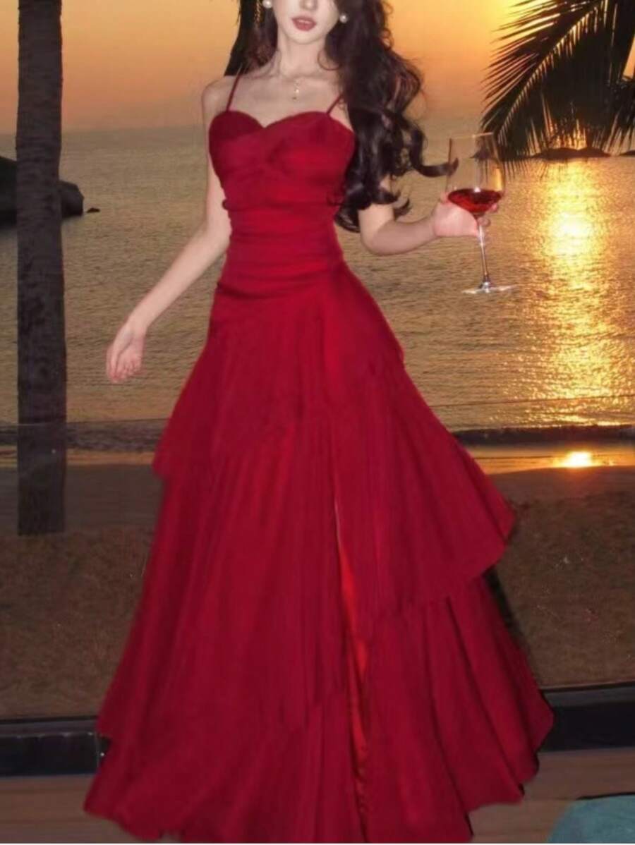 Gaun Tali Ruffle Asimetris Elegan, Modis dan Serbaguna, Cocok untuk Wanita, Desain Tali Bahu Tipis Minimalis, Cocok untuk Pesta, Prom, Acara Malam, Ulang Tahun, Pernikahan, Kembali ke Sekolah dan Acara Lainnya, Gaya Anggun dan Pas Badan, Warna Merah Musim Panas