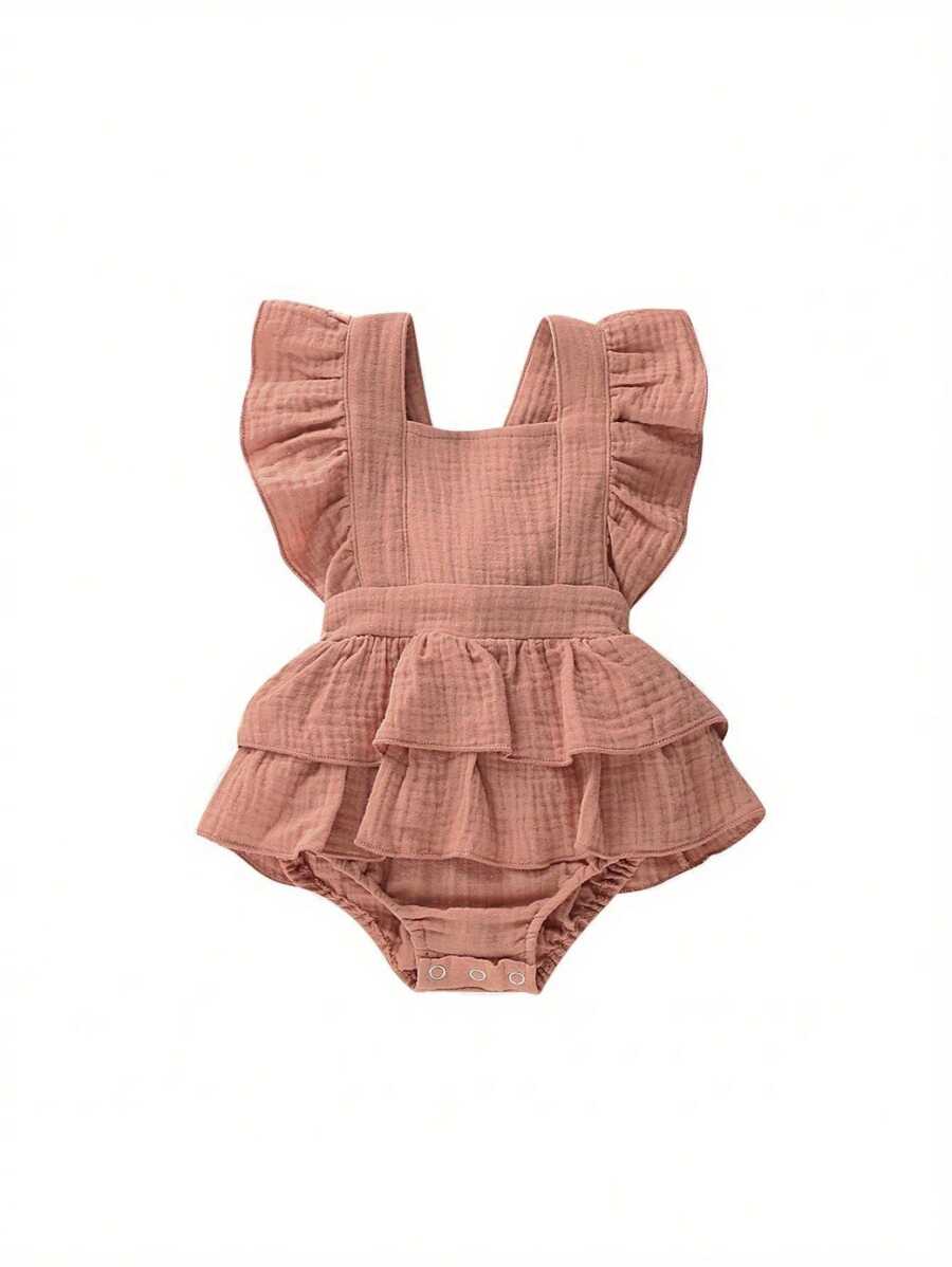 Baby Girls Sleeveless Ruffle Romper, Backless Solid Color Jumpsuit, Cute Summer One-Piece Clothes - naranja - Ver 1
