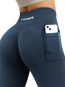 A AGROSTE Women Seamless Workout Leggings With Pockets Scrunch Butt Lifting Gym Leggings High Waisted Yoga Pants - 藏蓝色 - 查看 2