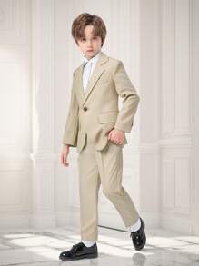 2pcs Set Luxury Boys Gentleman Single-Breasted Suit Jacket + Pants, Formal Wear For Pageboy, Performance, Party, Daily Outfit