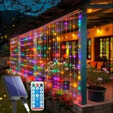 Solar Curtain Lights Outdoor 300LED Waterfall Light With 8 Modes Remote Dimmable Timer Twinkle Fairy String Lights Adjustable Brightness For Outdoor Christmas Gazebo Wedding Pergola - Colored Light - View 5