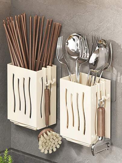 1 pieza Caja de almacenamiento, soporte multifuncional para guardar palillos en la cocina, estante de pared para escurrir palillos sin necesidad de perforar, estante de almacenamiento para utensilios de cocina, suministros de organización y almacenamiento para el hogar, accesorios de cocina