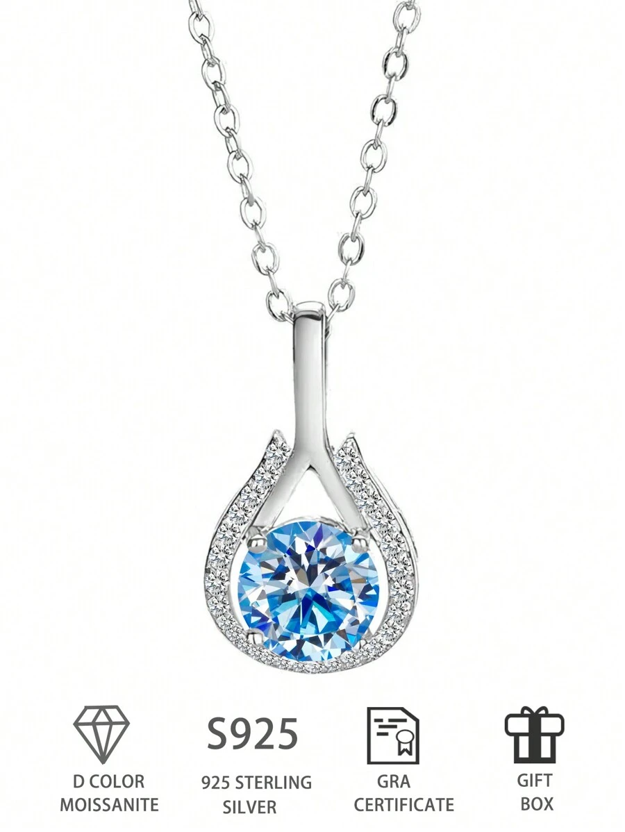 1PC 1CT Round Cut Blue Color Water Drop Shape Moissanite Diamond With S925 Silver Ring Fine Jewelry For Women Daily Wear Or Wedding, Engagement, Anniversary Or Valentine's Day The Best Gifts