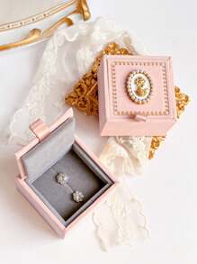 1pc Vintage French Style Minimalist Pink Retro Pearl Woman Head Design Earring & Ring Box, Delicate Foil Floral Edge Jewelry Box, Ring Storage Case