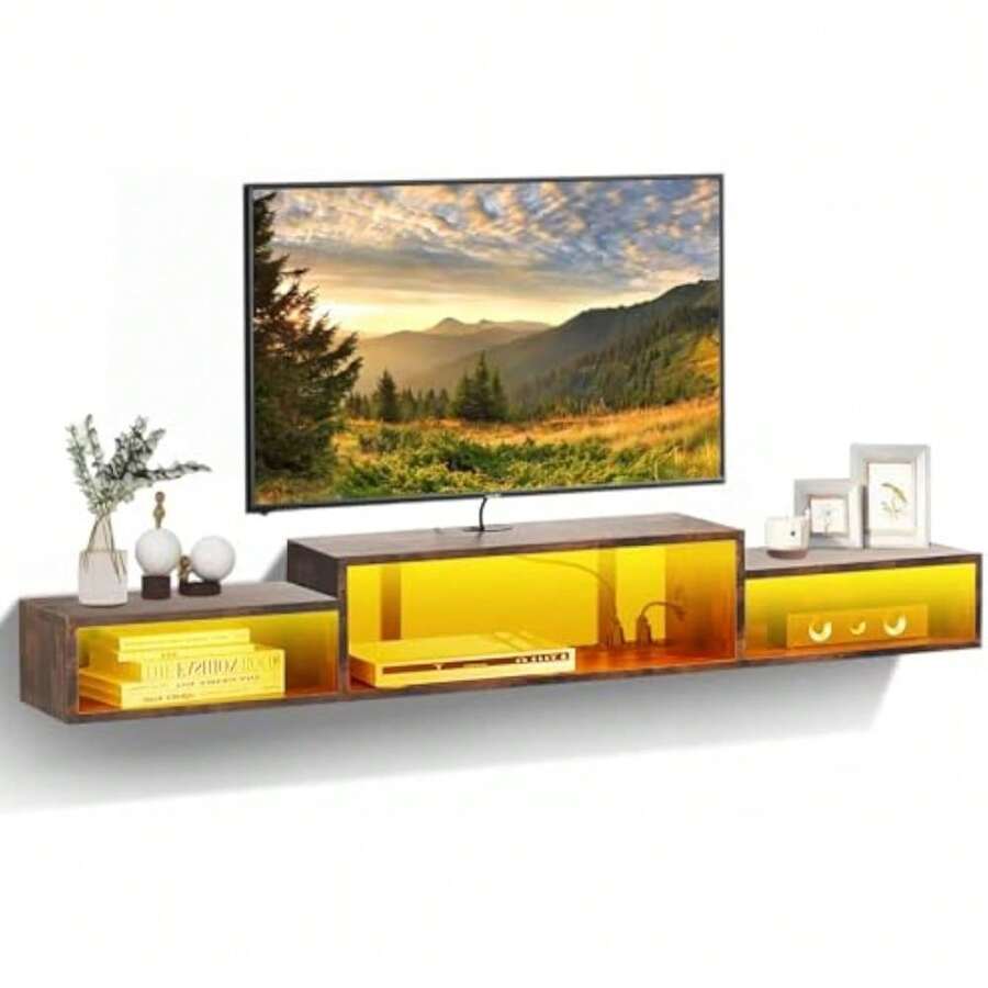 WELIKERA Mueble para TV con LED 59'', Repisas Flotantes para TV con 4 Enchufes y Luces RGB, Estante Multimedia de Pared, Muebles para TV Fotante-Ideal Almacenamiento Debajo de la TV, Marrón Rústico - 1 - Ver 1