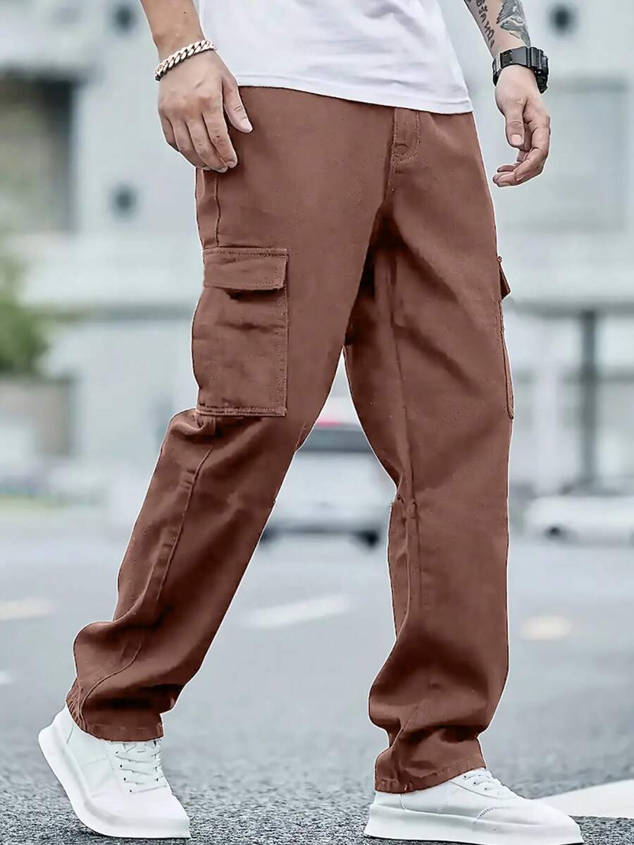 Men's Fashion Side Flap Pocket Cargo Jeans - Brown - View 1