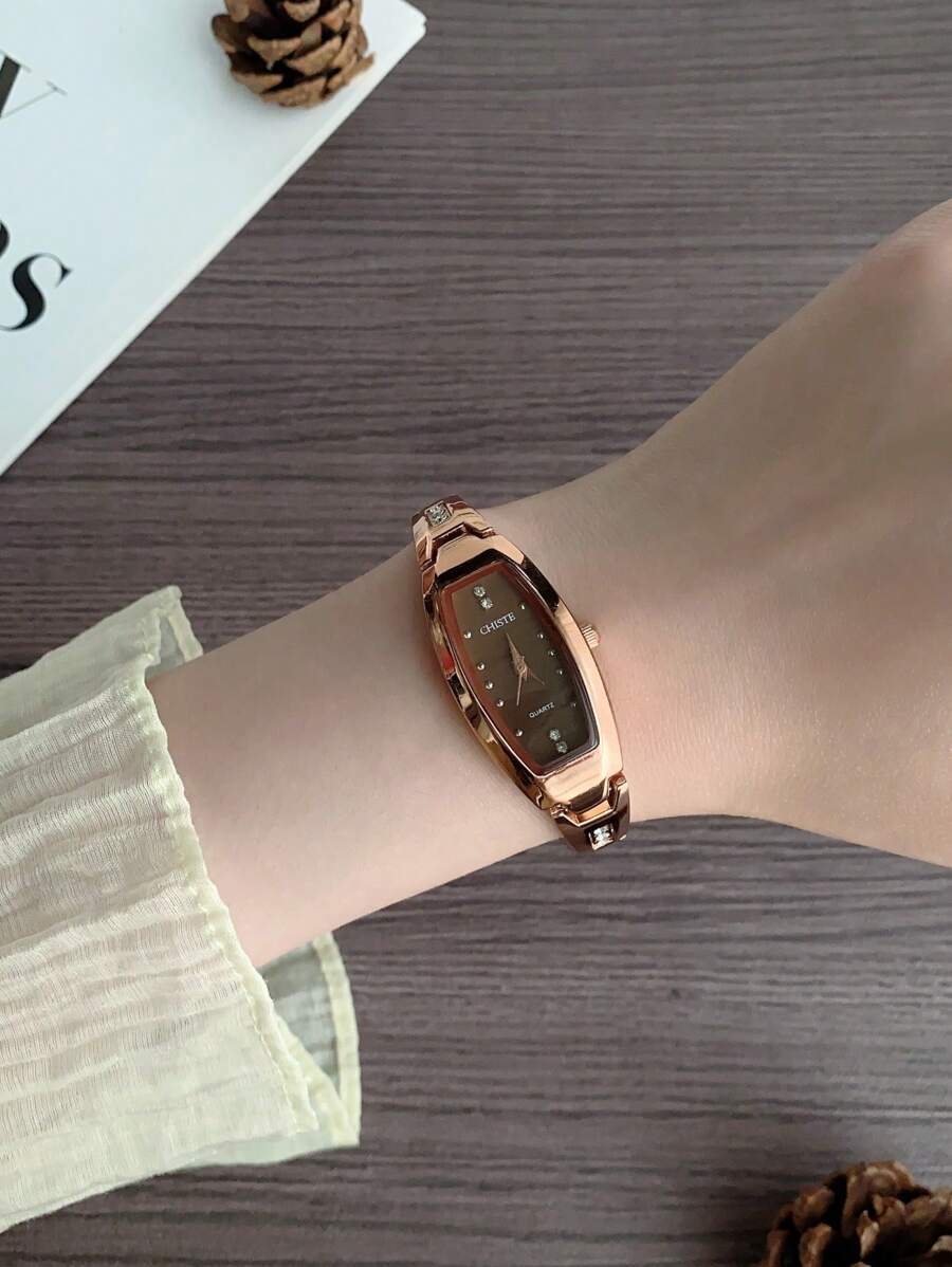 1 件优雅酒桶形女士石英表，配黑色金属表带 - 玫瑰金 - 查看 1