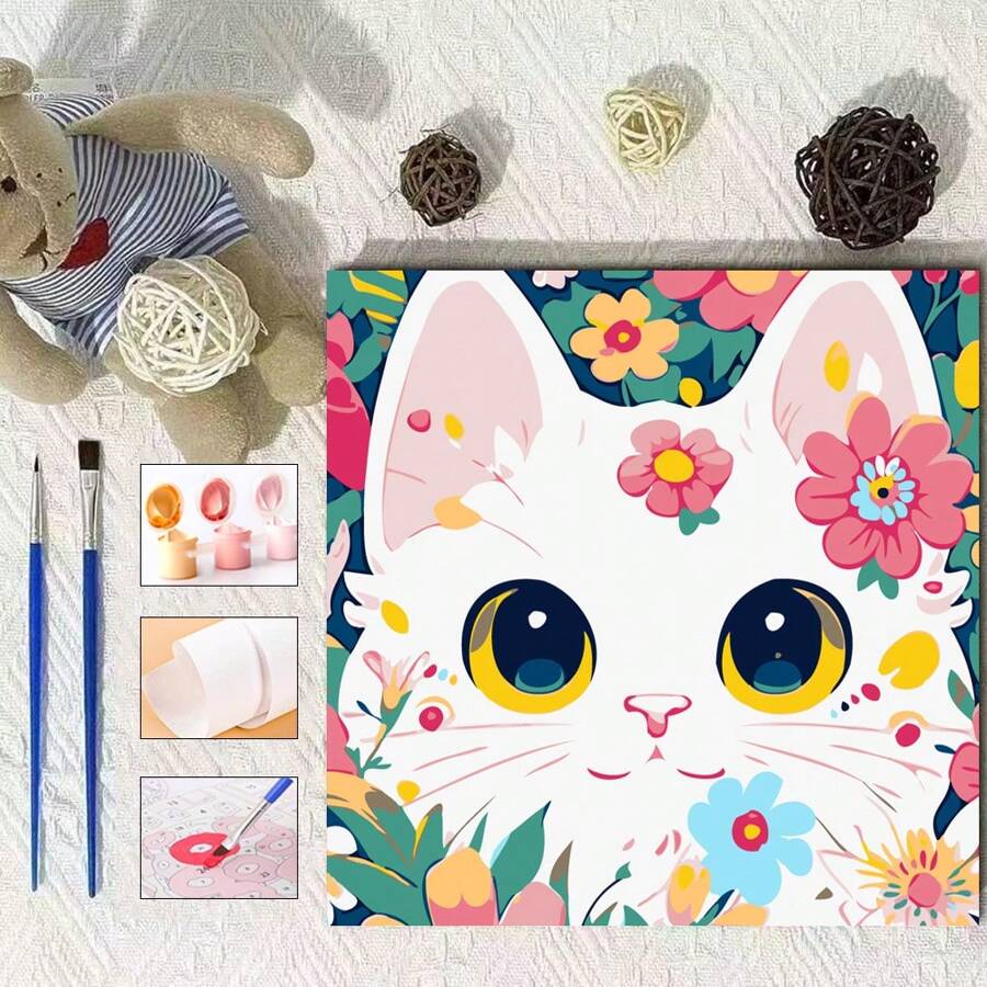 1 套 20*20 厘米卡通动物可爱小猫花朵帆布油画套装，配有编号图案、颜料、画笔，非常适合初学者和成人墙面装饰、家居装饰和节日礼物 - 20*20cm - 查看 1